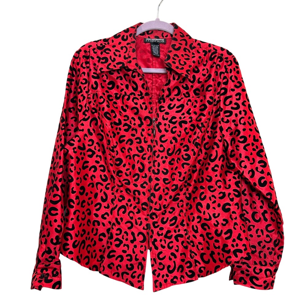 Mishca Leopard Print Zip Blouse Womens XL Red Black Animal Maximalist Mob Wife